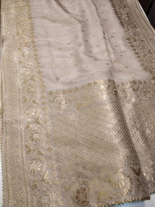 2021 vente chaude Beige Banarsi soie Dupatta belle main brodé miroir travail cou Gota Latkan Viscose rayonne Salwar Kameez - Product Image 3