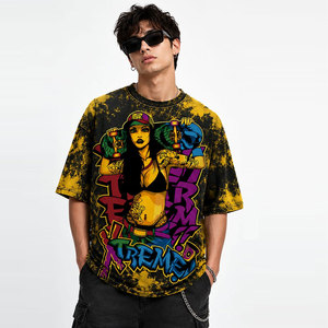 Camiseta Extra Grande para Hombre, Manga Corta, Cuello Redondo, Diseño de Graffiti y Skateboard, Estilo Urbano, Estampado Amarillo y Negro - Product Image 5
