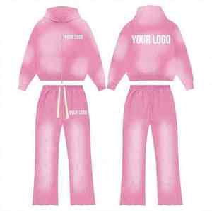 Ensemble de survêtement unisexe épais à capuche imprimé délavé à l'acide, 100 % coton, deux pièces, pantalon évasé et sweat à capuche zippé, hiver, personnalisé - Product Image 2