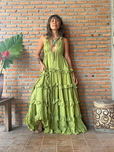 Wholesale Womens Tiered Ruffle Maxi Dress Olive Green Cotton Gauze Eco-Friendly Vintage Customizable Backless Boho Summer Dress - Product Image 4