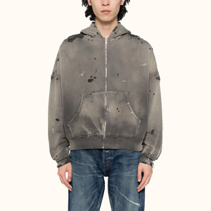 Sudadera con Capucha Corta y Ancha de Alta Calidad al por Mayor, Estilo Retro Desgastado, con Cierre, Forro Polar, 100% Algodón Ecológico para Hombre - Product Image 1