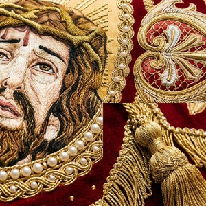 Handmade Red Velvet Church <b>Banner</b> Heavyweight Embroidered Liturgical Processional <b>Banner</b> with Gold Fringe - Product Image 5