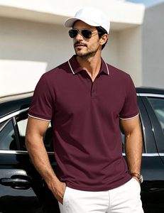 Polo à manches courtes pour homme, couleur bordeaux, tricoté, décontracté, respirant, avec boutons - Product Image 5