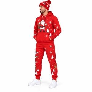 Ensemble de survêtement de Noël pour hommes en gros : sweat à capuche, pantalon de jogging et bonnet – Couleur unie, costume deux pièces personnalisé pour les fêtes - Product Image 5