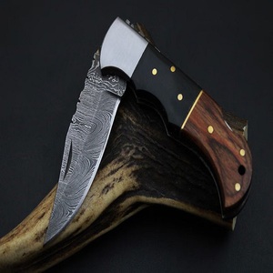Handmade Damascus Steel Folding Knife with Two Tone Wood Handle Leather Sheath Utility survival camping knives A&M Enterprises - Product Image 1