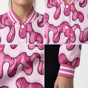 Chaqueta Varsity con Estampado de Llamas Rosas, Cuello Camisero, Manga Larga, Impresión Digital, Material de Poliéster, Corta, para Mujer - Product Image 6