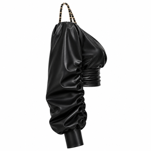 Chemisier court noir en similicuir PU pour femme, à épaules dénudées, style cache-cœur, à manches longues lanternes avec détail chaîne - Product Image 5