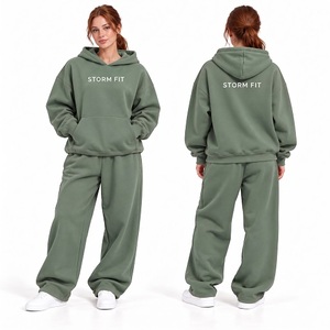 Conjunto de Sudadera con Capucha y Pantalones de Forro Polar para Mujer, Estilo Urbano, Corte Regular, 2 Piezas, Largo Completo, Verde Invierno, 100% Transpirable, Ecológico, 360g - Product Image 1