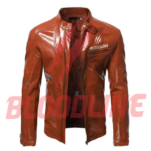 BLOODLINE Men's Black PU Leather Moto Biker <b>Jacket</b> <b>Slim</b> <b>Fit</b> Zipper Closure Stand Collar Solid Color Autumn Wear - Product Image 3
