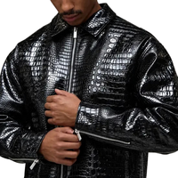 Veste en cuir véritable noir brillant pour homme, effet crocodile, col chemise, fermeture éclair sur le devant, coupe décontractée, streetwear haut de gamme, OEM