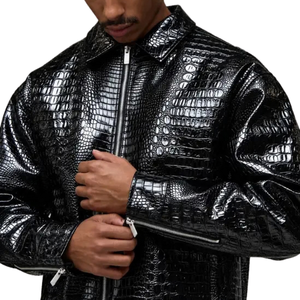 Veste en cuir véritable noir brillant pour homme, effet crocodile, col chemise, fermeture éclair sur le devant, coupe décontractée, streetwear haut de gamme, OEM - Product Image 6