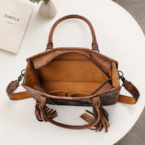 Hand Tooled Genuine Leather Hair On Cowhide Bag for Women Western Floral Hand bag Fringe Shoulder <b>Purse</b> with Adjustable Strap - Product Image 4