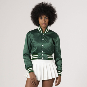 <b>Women</b> Cropped Satin Varsity <b>Jacket</b> Green Button Up Streetwear Bomber <b>Lightweight</b> Casual Fashion Outerwear Custom OEM - Product Image 1