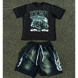 Compre Conjunto de Camiseta y Pantalones Cortos para Hombre con Logotipo Personalizado, Atuendo Casual de Verano de Algodón, Nuevo Conjunto de Dos Piezas con Patrón para Hombre y Mujer - Product Image 3