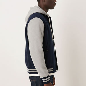 Chaqueta Varsity con Capucha para Hombre, Color Gris Marino, Corte Regular, Cierre de Botones, Logotipo Frontal, Ropa Casual de Otoño, Poliéster y Algodón - Product Image 6