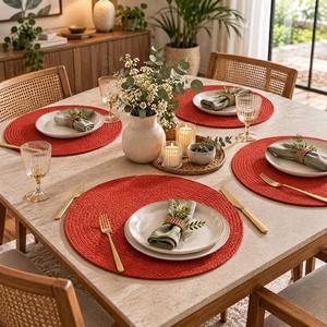 Set de table rond en coton rouge uni, tissé, pour la salle à manger, accessoire de cuisine - Product Image 1