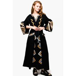 Vestido Maxi de Algodón Bordado Estilo Boho para Mujer, Diseño Geométrico Negro, Cuello en V, Manga con Borlas, Cintura Ajustable con Lazo, Vestido Étnico - Product Image 1