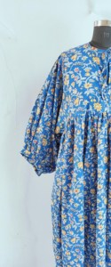 Vintage Blue Yellow Floral Block Print Cotton Midi <b>Dress</b> with Puff Sleeves Tie-Neck <b>Loose</b> Fit Casual Summer <b>Dress</b> For Women - Product Image 4