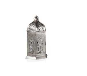 Hexagonal <b>silver</b> metal <b>lantern</b> domed top intricate geometric floral cutout panels rustic farmhouse indoor outdoor candle - Product Image 3