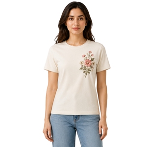 T-shirt en coton personnalisé beige pour femme, à col rond, broderie florale rose, manches courtes, décontracté, OEM, mode estivale haut de gamme - Product Image 1
