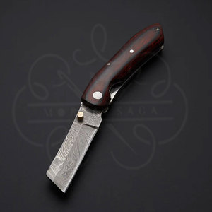 Couteau de poche artisanal en acier Damas, manche en bois dur avec étui en cuir, lame pliante prête pour l'aventure - Product Image 1