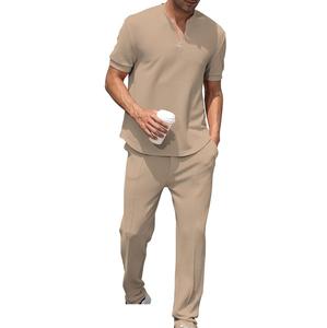 Ensemble deux pièces pour homme, décontracté, hiver, couleur unie, respirant, en coton tricoté 100%, comprenant un t-shirt à manches courtes et un pantalon, avec fermeture éclair quart de tour, couleur Teal - Product Image 4
