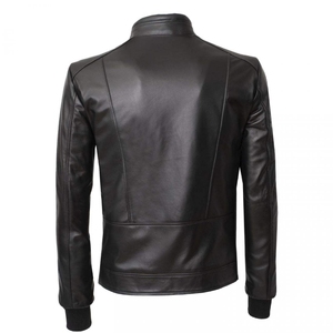 Chaqueta de cuero PU negra para hombre con cierre de cremallera, cuello alto, estilo motociclista, corte ajustado, longitud regular, disponible para la venta. - Product Image 5
