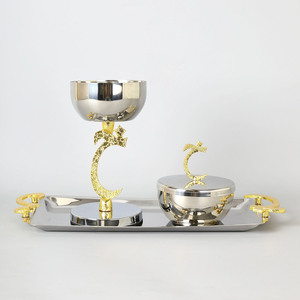 Elegant <b>Silver</b> Incense <b>Burner</b> And Covered Bowl Set With Gold Arabic Calligraphy Accents On Rectangular Tray For Modern Decor - Product Image 2
