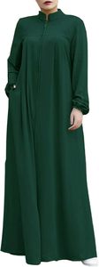 Women Long Sleeve Floor Length <b>Abaya</b> Solid Color Stand Collar Loose Fit Modest Muslim Dress Daily Wear Plus Size Green - Product Image 6