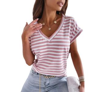 T-shirts décontractés à col en V pour femmes, coupe classique, en modal tricoté respirant, à manches courtes et rayés, collection été 2026 - Product Image 1