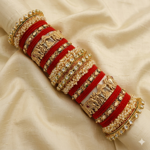 Gold Plated Pota Stone and Pearl Meenakari Velvet Bangles Set Fine Jewelry Collection for Women Wedding Festive Wear - Product Image 1