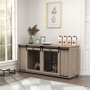 Mobile TV Moderno in Noce da 71 Pollici con Cuccia per Cani a Doppio Uso e Divisorio Rimovibile per 2 Cani Piccoli o 1 Cane Grande con Spazio di Archiviazione - Product Image 1