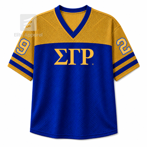 Camiseta personalizada de la hermandad Sigma Gamma Rho con cuello en V, bloques de color, manga corta, azul y dorado, estilo casual para mujer, de malla de poliéster. - Product Image 1