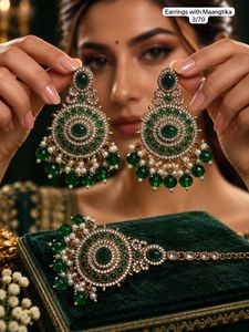 Boucles d'oreilles pendantes ethniques en laiton doré style Dhokra, bijoux perlés en forme de fleur, ensemble Maangtika pour fêtes et mariages - Product Image 3