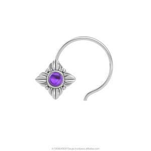 Indian Mores 925 Sterling <b>Silver</b> Round Shape Amethyst Cup Setting <b>Nose</b> Pin <b>Stud</b> for Women Girls - Product Image 1
