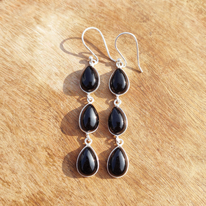 <b>Black</b> Diamond Teardrop Bezel Setting Triple Drop <b>Earrings</b> Women Handmade Silver Plated Brass Bohemian Designer Statement Gift - Product Image 2