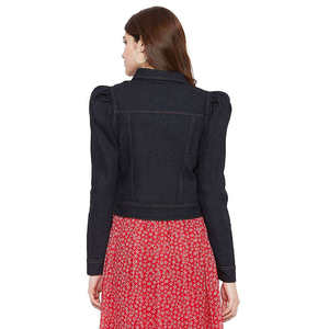 Blazer de Mezclilla Oscuro para Mujer, Manga Larga, Cuello Camisero, Cierre de Botón, Corte Corto, Color Sólido, Chaqueta de Otoño - Product Image 2