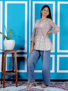 Premium Women Taupe Embroidered Cotton Blend Tunic <b>Top</b> Three Quarter Sleeve Ethnic Casual Peplum Style Designer <b>Top</b> - Product Image 2