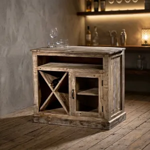Armoire à vin vintage en bois avec porte en verre, étagère de rangement, armoire de bar rustique pour salon, salle à manger - Product Image 5