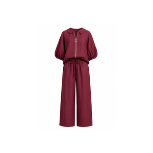 Women's Long Two-Piece Long Set with Turn Down Collar And Trim Detail Casual Wear Breathable Women's Wholesale Yellow Co-<b>red</b> Set - Product Image 3