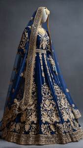 Beautiful Traditional Blue Velvet Embroidered <b>Jacket</b>,Lehenga With Dupatta Floral Pattern <b>For</b> Women India Pakistan <b>Wedding</b> Dress - Product Image 3