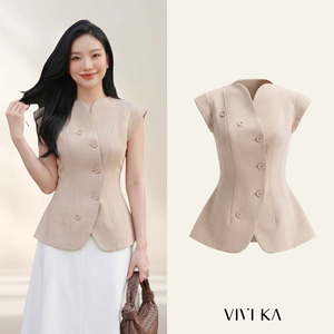 Chaleco sin Cuello con Mangas Cortas Color Beige para Mujer, Elegante, Entallado, con Botones, Casual, para Oficina, Poliéster y Elastano, YONA - Product Image 1