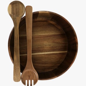 Bol de service rond en bois avec cuillères à salade, design minimaliste fait main pour les fêtes - Product Image 2