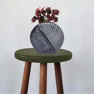 Handmade Metal Tabletop <b>Vase</b> Minimalist Design Black <b>Ribbed</b> Surface Decorative Centerpiece for Modern Interiors - Product Image 2