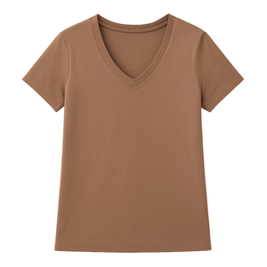 Camiseta de Manga Corta con Cuello en V para Mujer, Color Marrón, 100% Algodón Orgánico de Lujo, Preencogido, Certificado GOTS, Ajuste Suave y Transpirable de Primera Calidad - Product Image 1