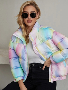 Chaqueta Acolchada con Estampado Tie Dye para Mujer, Cuello Alto, Manga Larga, Cálida para Invierno, Forro de Nailon Ecológico, Bolsillos - Product Image 5