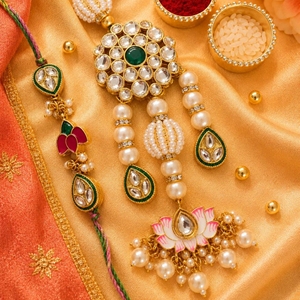 Ensemble Rakhi et Lumba pour Bhai Bhabhi, Rakhi artisanal en perles Kundan, combo pour Raksha Bandhan, ensemble cadeau Rakhi traditionnel de designer - Product Image 3