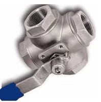 Válvula de bola manual de 3 vías, 1 pulgada NPT, rosca hembra, cuerpo de acero al carbono, sello de PTFE, para uso con agua a temperatura normal.