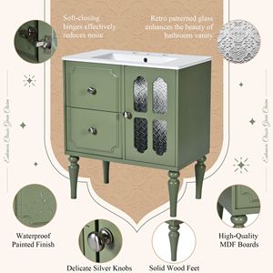 Mobile Bagno Singolo da 30 Pollici Stile Retrò con 2 Cassetti, Lavabo in Resina e Struttura in Legno Massello - Combinazione Mobile Bagno con Spazio Contenitivo - Product Image 5
