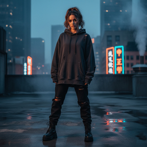 Sweat-shirt à capuche court surdimensionné pour femme avec logo personnalisé, couleur unie, manches amples - Product Image 6